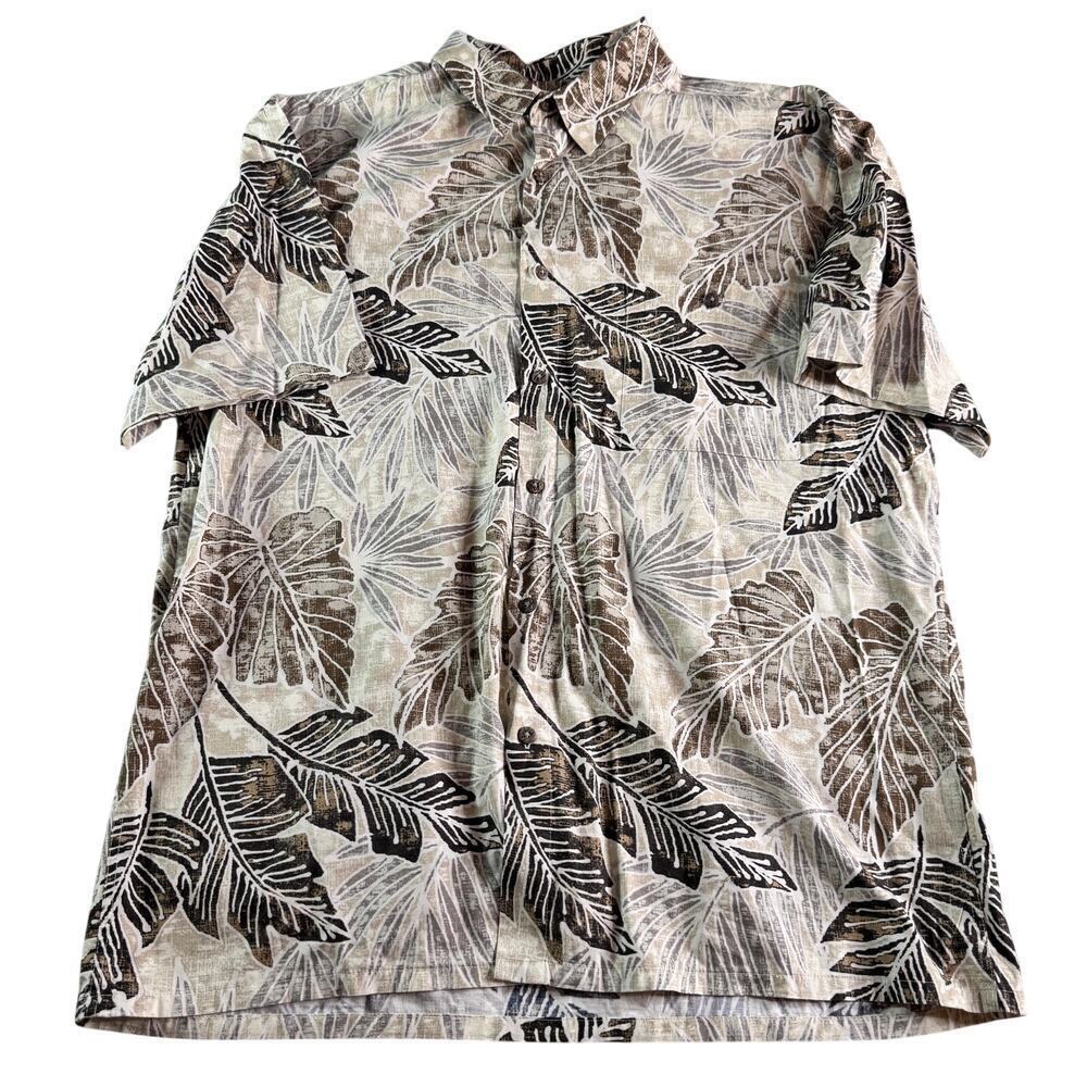 Island Shores Mens Large Hawaiian Shirt Tropical Palm Leaf Brown Tan 100% Cotton